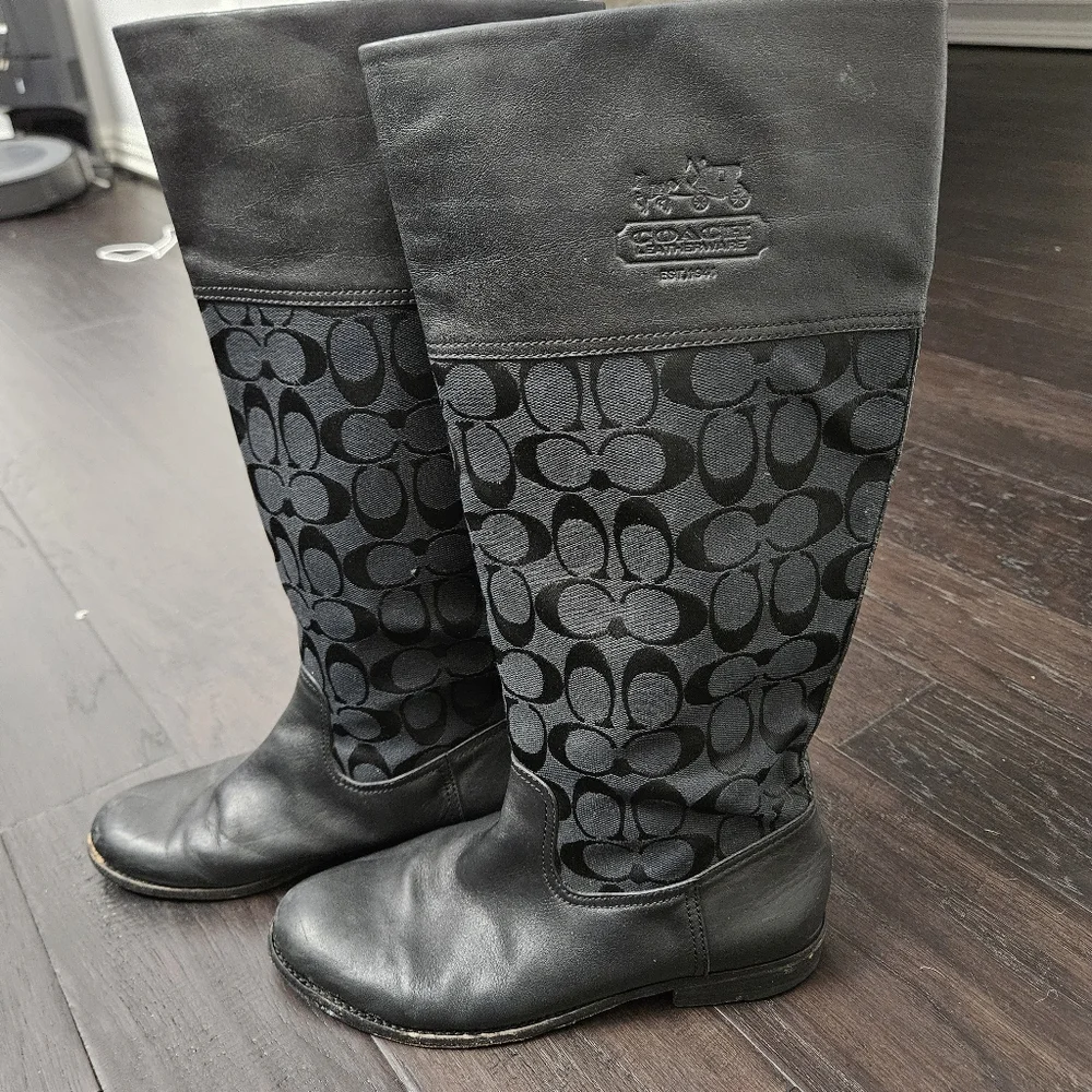 Coach Chrissi Signature black leather and fabric riding boots size 7.5 B - Picture 3 of 11